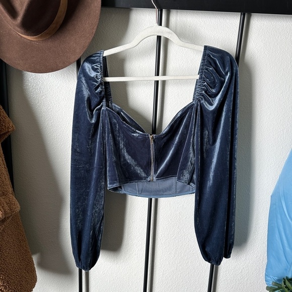 Lush powder blue crushed velvet corset bustier puff sleeve romantic blouse shirt - Picture 6 of 6